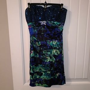 Strapless Dress peacock print. Slightly worn!